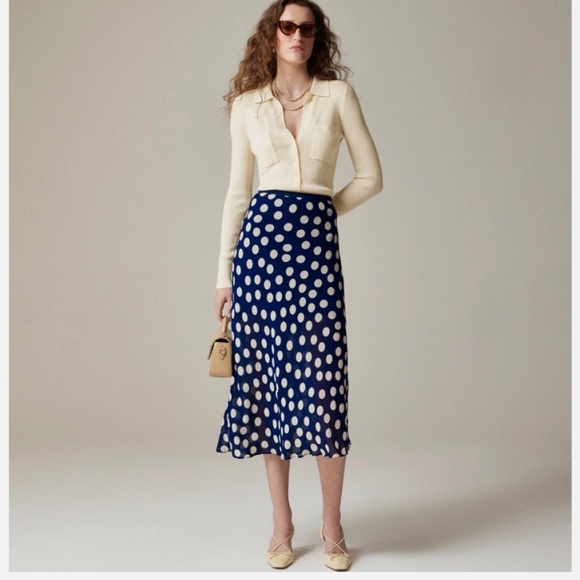 J.Crew New Gwyneth Slip Skirt Navy White Polka-dot Viscose Chiffon Lined - Picture 1 of 6